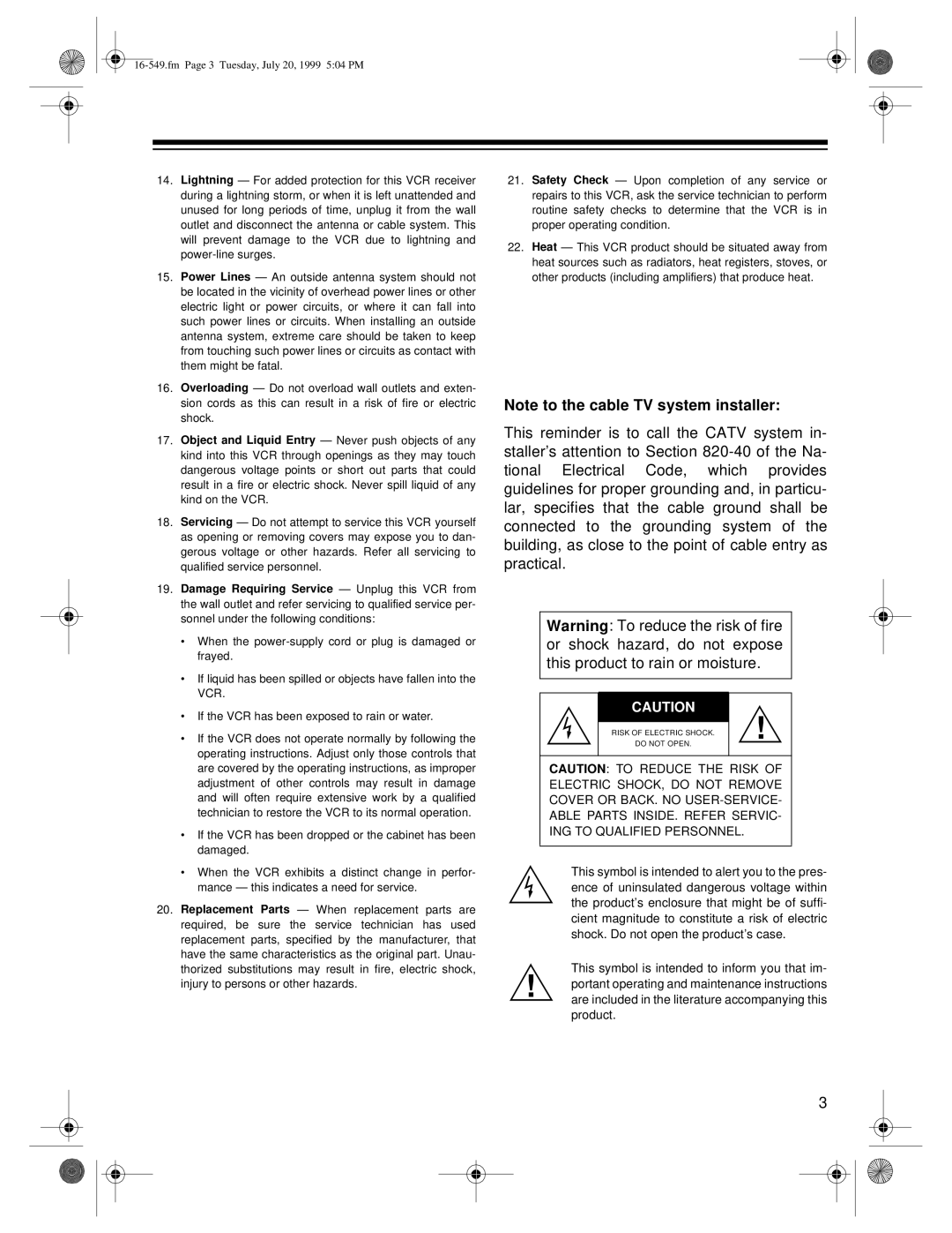 Optimus 112 (16-549), 62 (HI-FI) (16-632), 113 (16-550) owner manual Fm Page 3 Tuesday, July 20, 1999 504 PM 