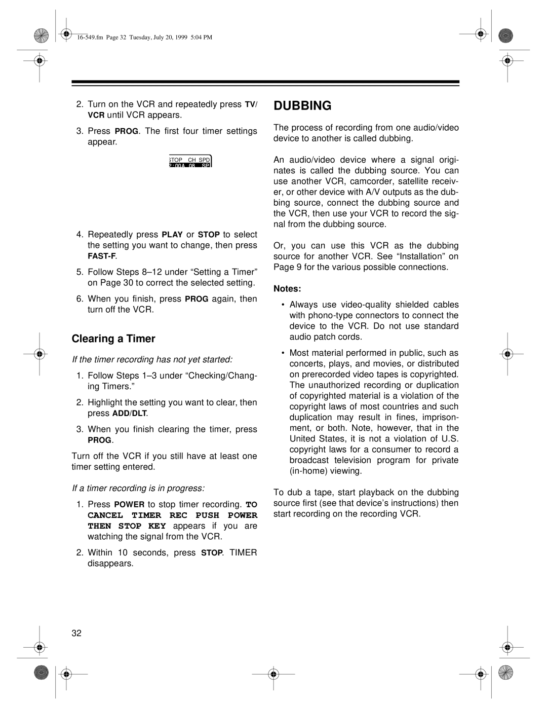 Optimus 113 (16-550), 112 (16-549), 62 (HI-FI) (16-632) owner manual Dubbing, Clearing a Timer 