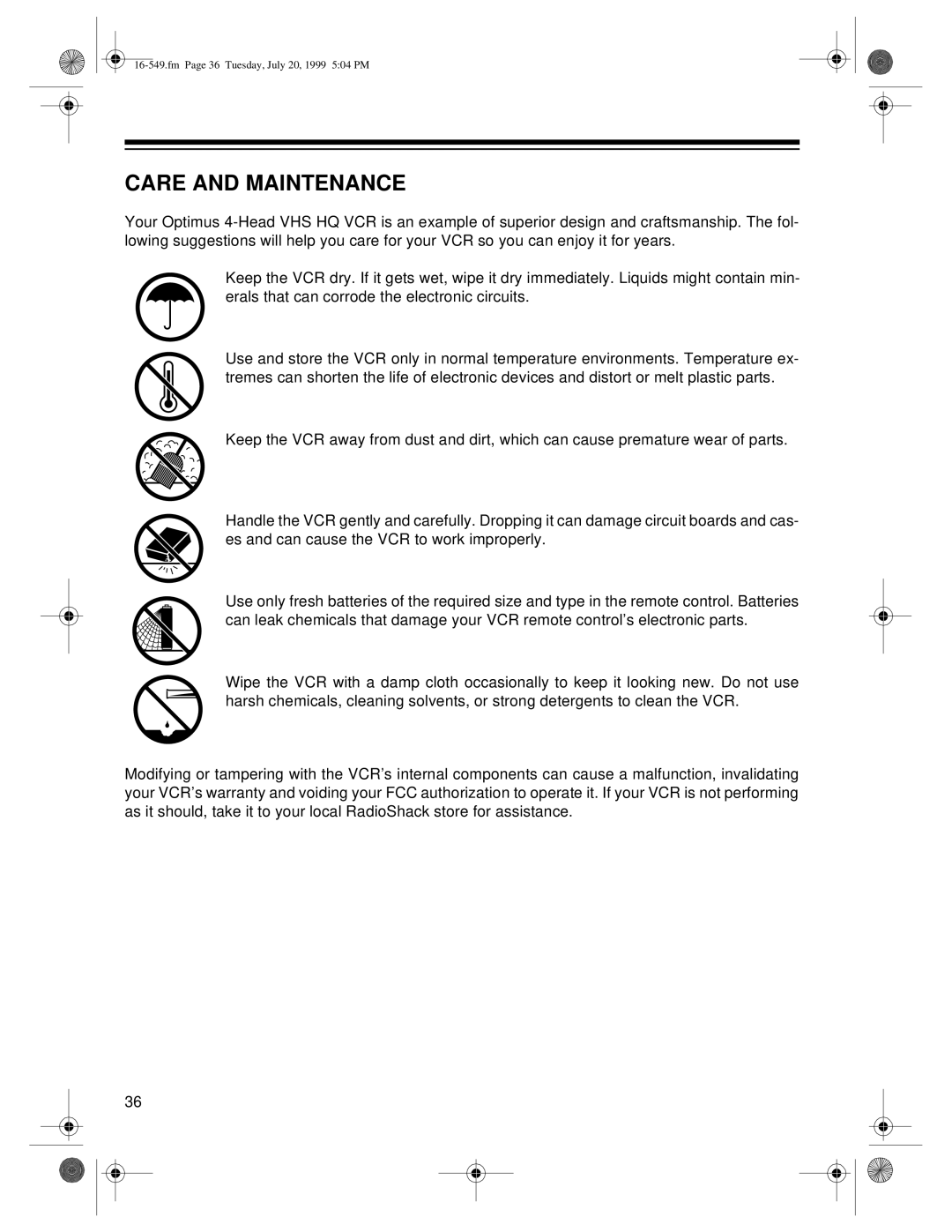 Optimus 112 (16-549), 62 (HI-FI) (16-632), 113 (16-550) owner manual Care and Maintenance 