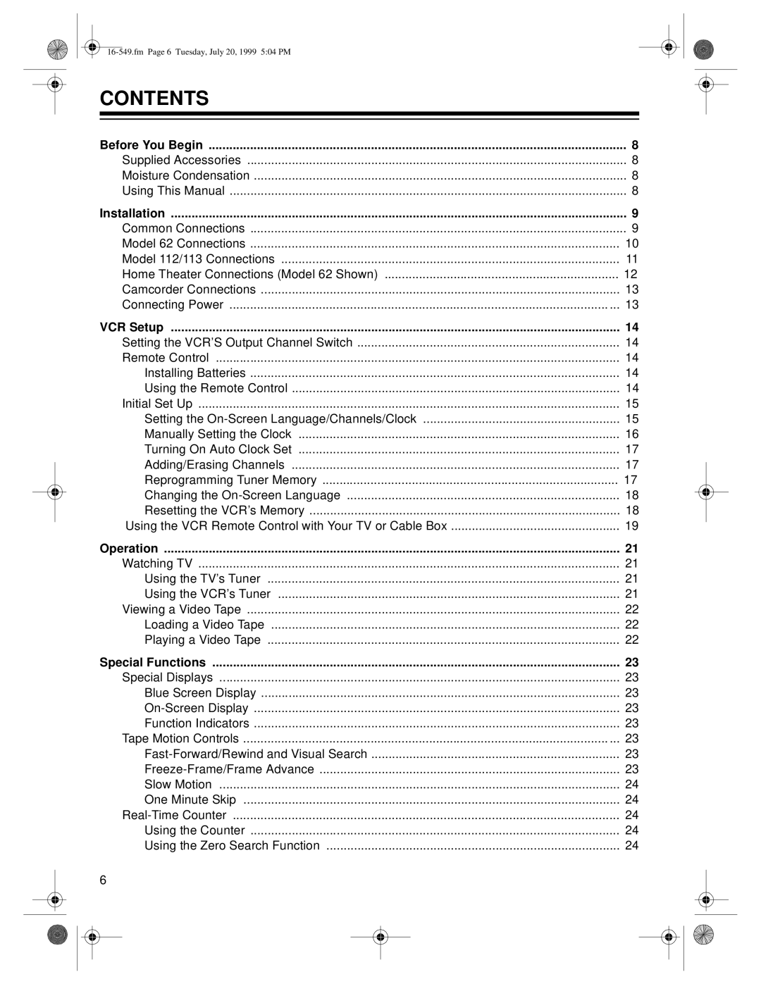 Optimus 112 (16-549), 62 (HI-FI) (16-632), 113 (16-550) owner manual Contents 