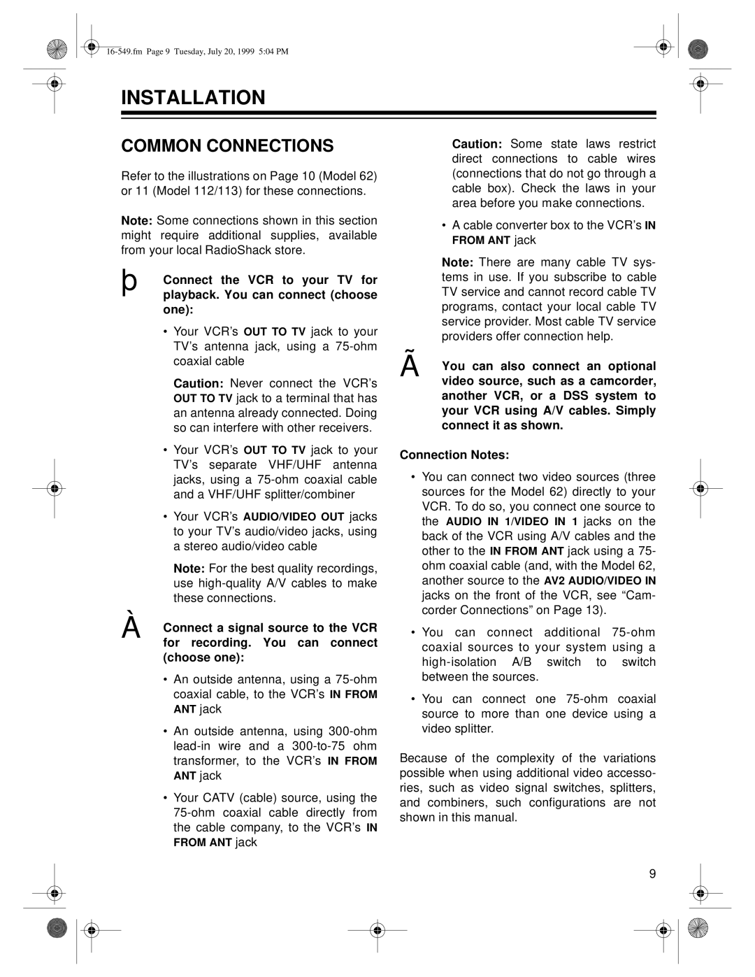 Optimus 112 (16-549), 62 (HI-FI) (16-632), 113 (16-550) owner manual Installation, Common Connections 