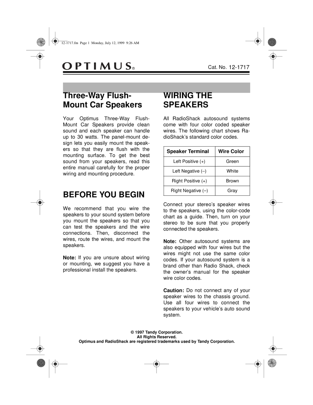 Optimus 12-1717 owner manual Before YOU Begin, Wiring Speakers 