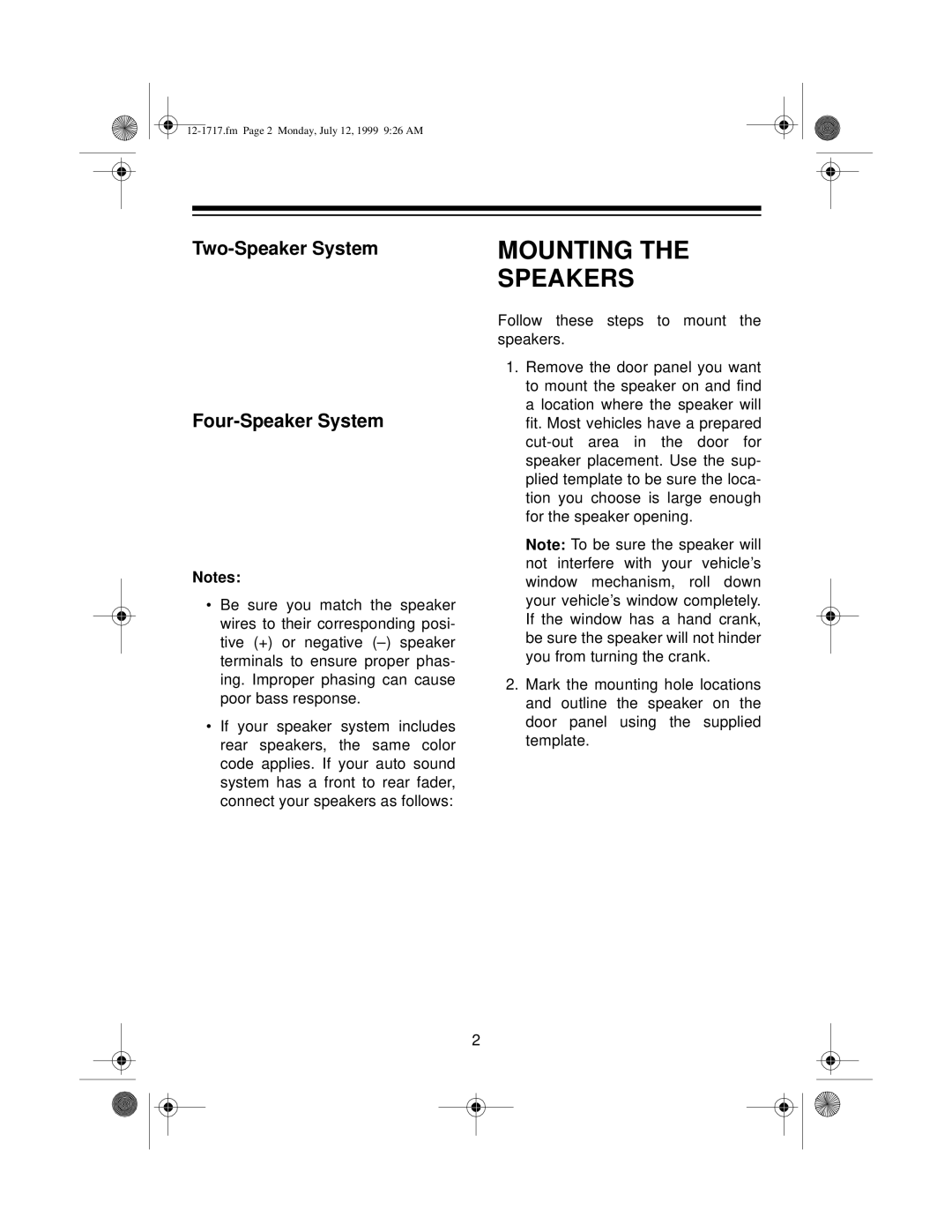 Optimus 12-1717 owner manual Mounting Speakers, Two-Speaker System Four-Speaker System 