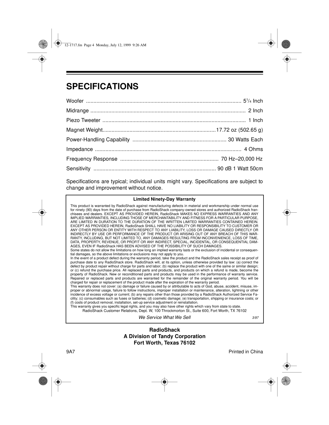 Optimus 12-1717 owner manual Specifications, Limited Ninety-Day Warranty 