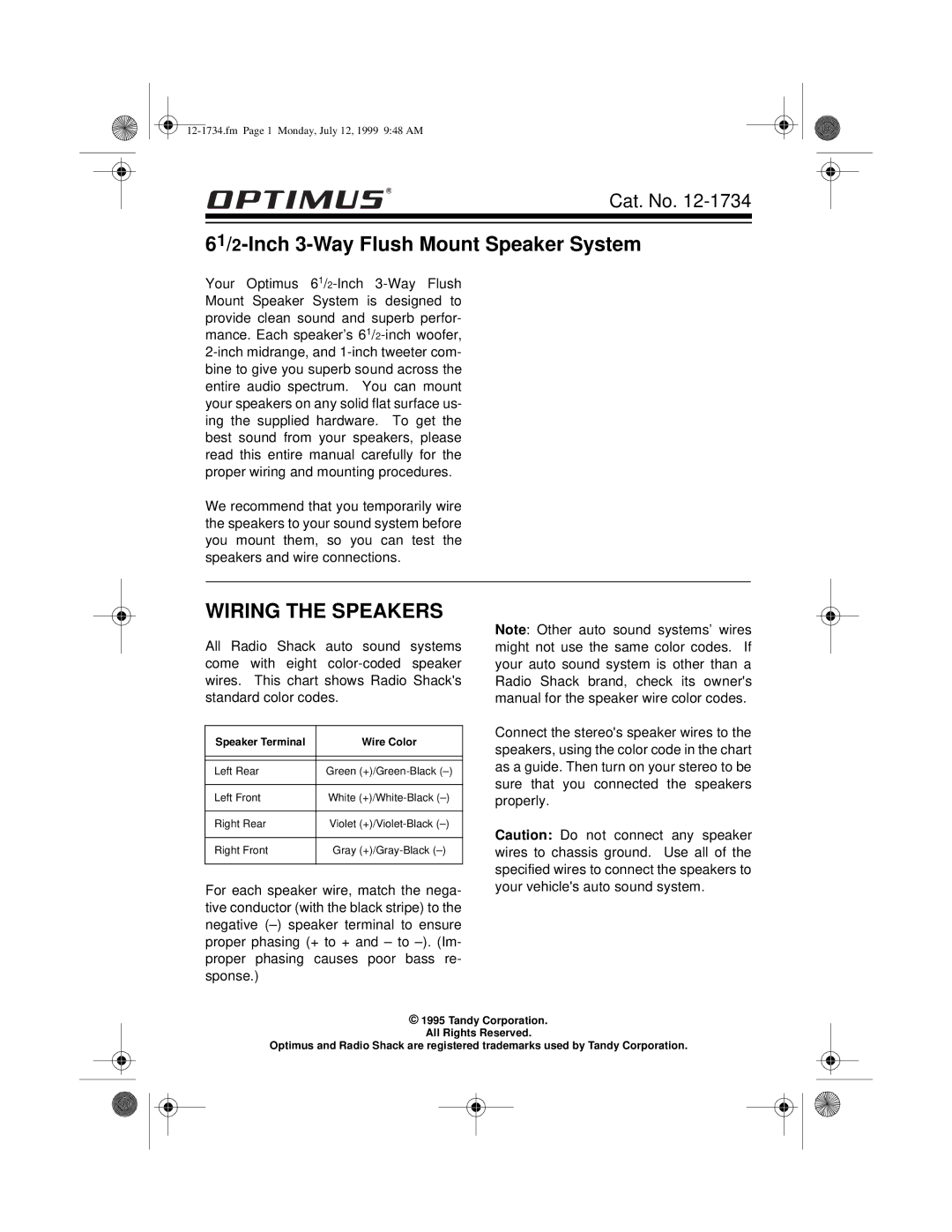 Optimus 12-1734 owner manual 61/2-Inch 3-Way Flush Mount Speaker System, Wiring the Speakers 