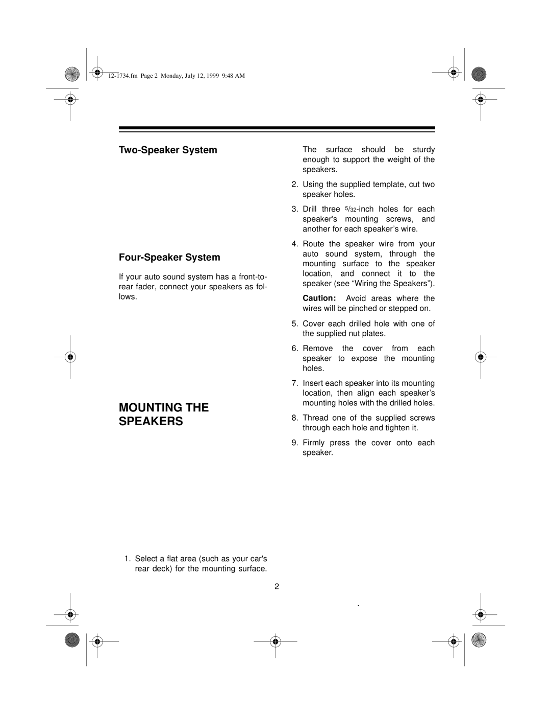 Optimus 12-1734 owner manual Mounting Speakers 