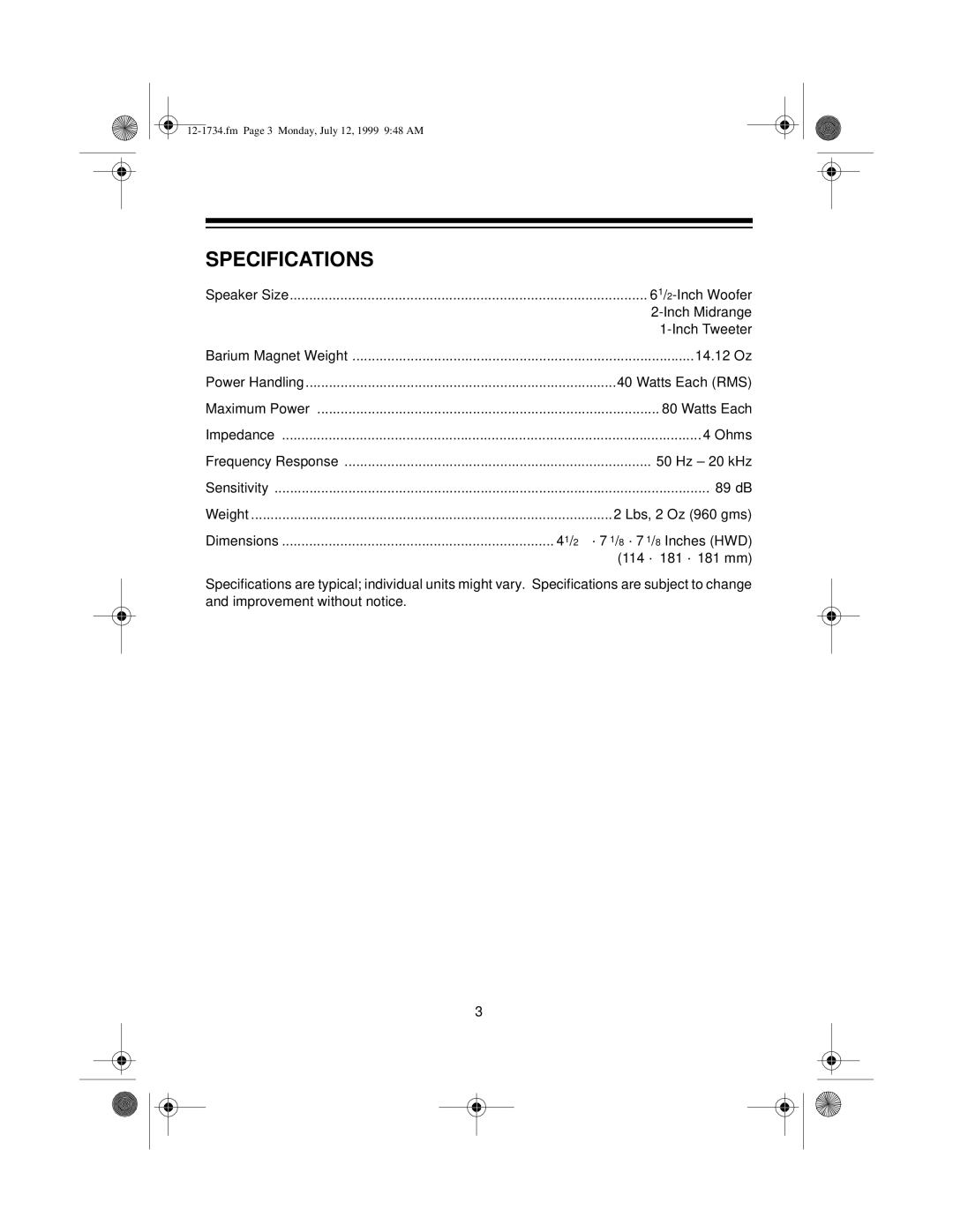 Optimus 12-1734 owner manual Specifications 