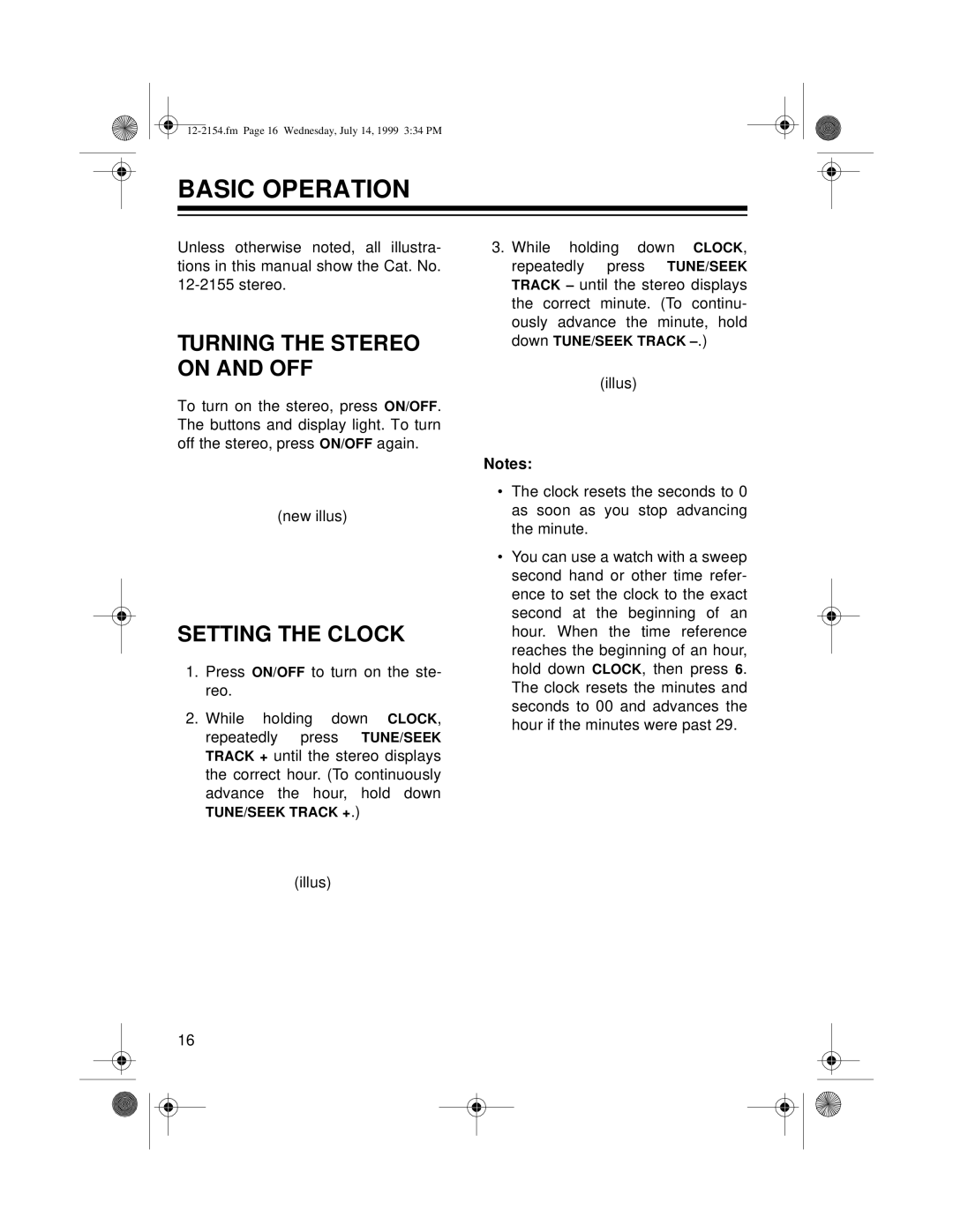 Optimus 12-2155, 12-2154 owner manual Basic Operation, Turning the Stereo on and OFF, Setting the Clock 