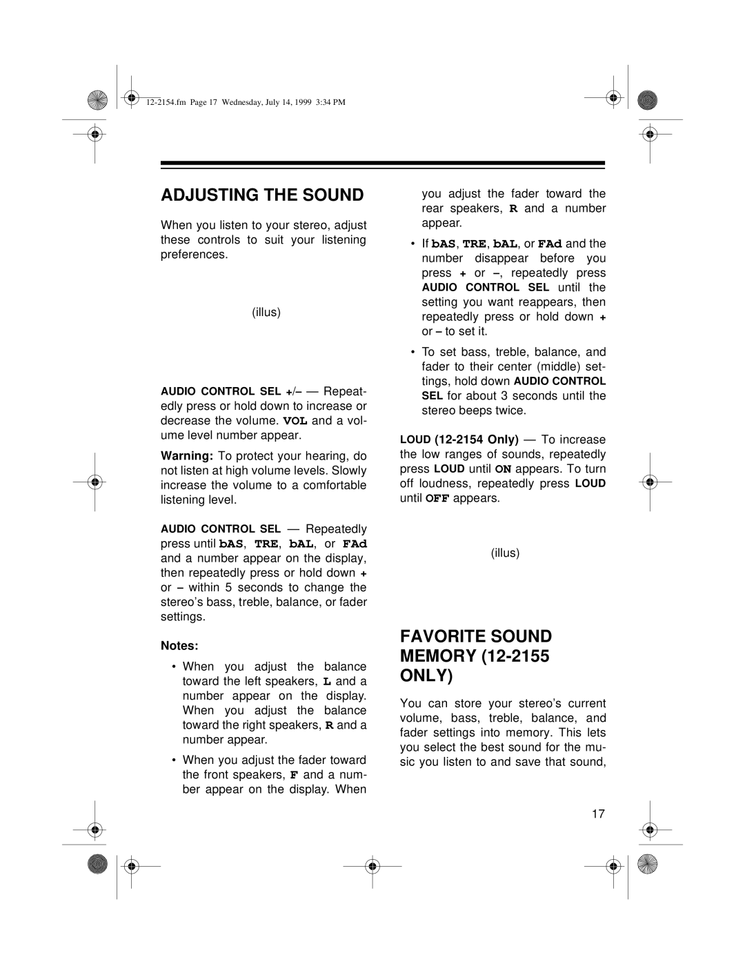 Optimus 12-2154, 12-2155 owner manual Adjusting the Sound, Favorite Sound, Only 