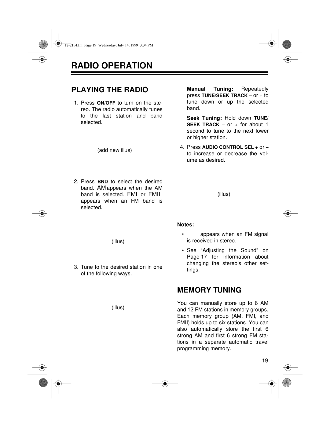 Optimus 12-2154, 12-2155 owner manual Radio Operation, Playing the Radio, Memory Tuning 