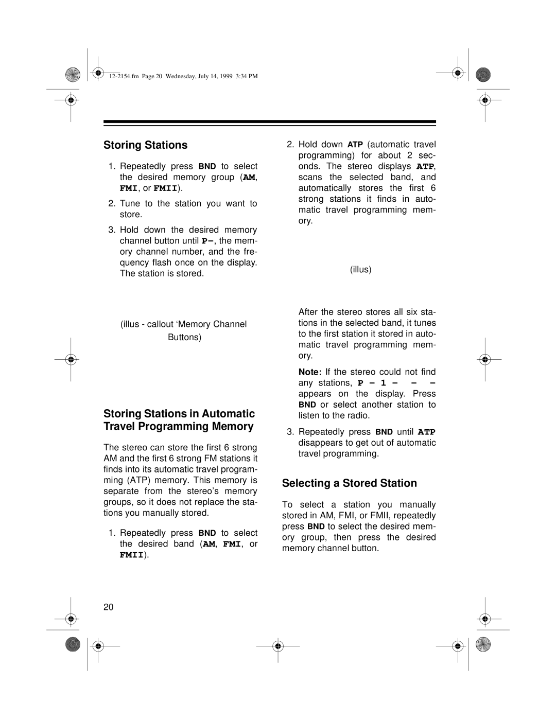 Optimus 12-2155, 12-2154 Storing Stations in Automatic Travel Programming Memory, Selecting a Stored Station 