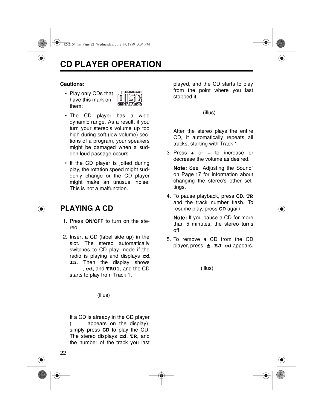 Optimus 12-2155, 12-2154 owner manual CD Player Operation, Playing a CD 