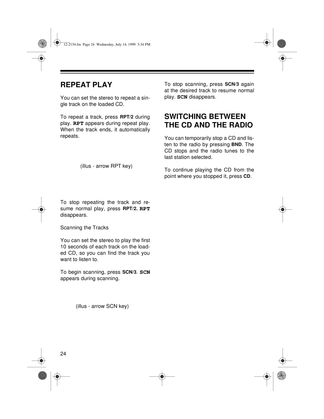 Optimus 12-2155, 12-2154 owner manual Repeat Play, Switching Between the CD and the Radio 