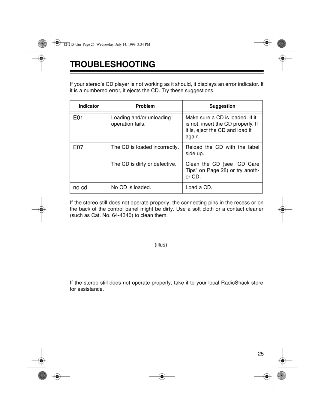 Optimus 12-2154, 12-2155 owner manual Troubleshooting, E01 