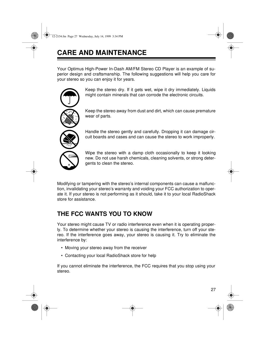 Optimus 12-2154, 12-2155 owner manual Care and Maintenance, FCC Wants YOU to Know 