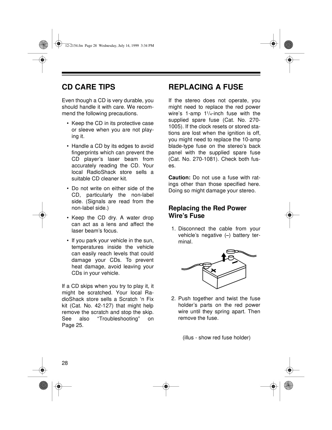 Optimus 12-2155, 12-2154 owner manual CD Care Tips, Replacing a Fuse, Replacing the Red Power Wire’s Fuse 