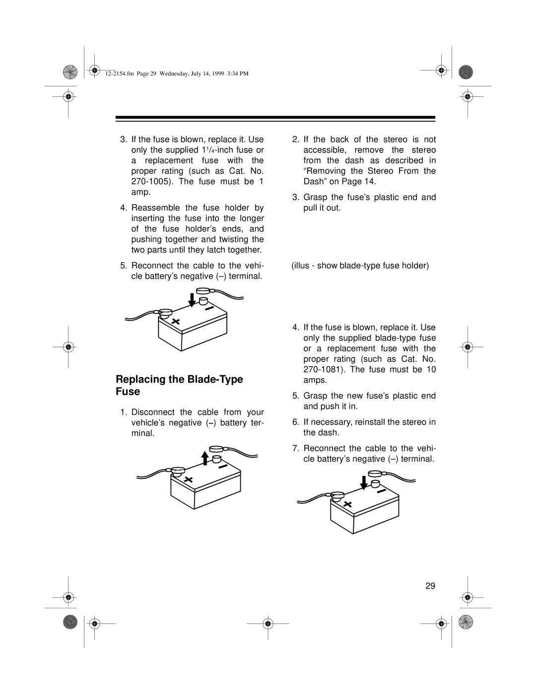 Optimus 12-2154, 12-2155 owner manual Replacing the Blade-Type Fuse 