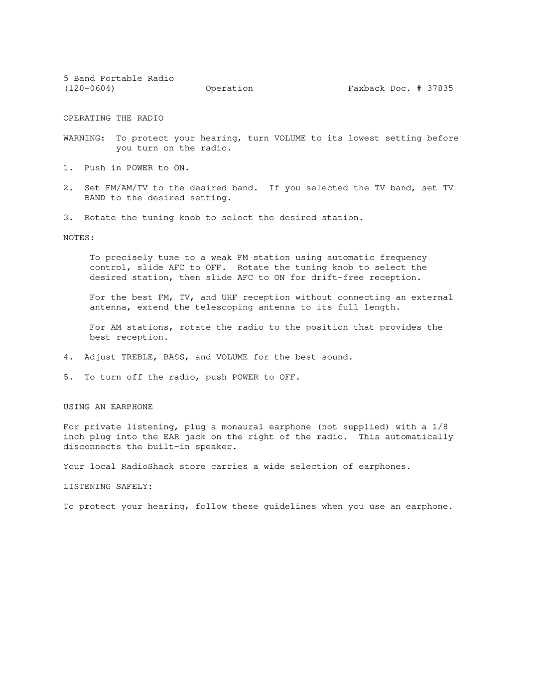 Optimus 120-0604 manual Operating the Radio, Using AN Earphone, Listening Safely 