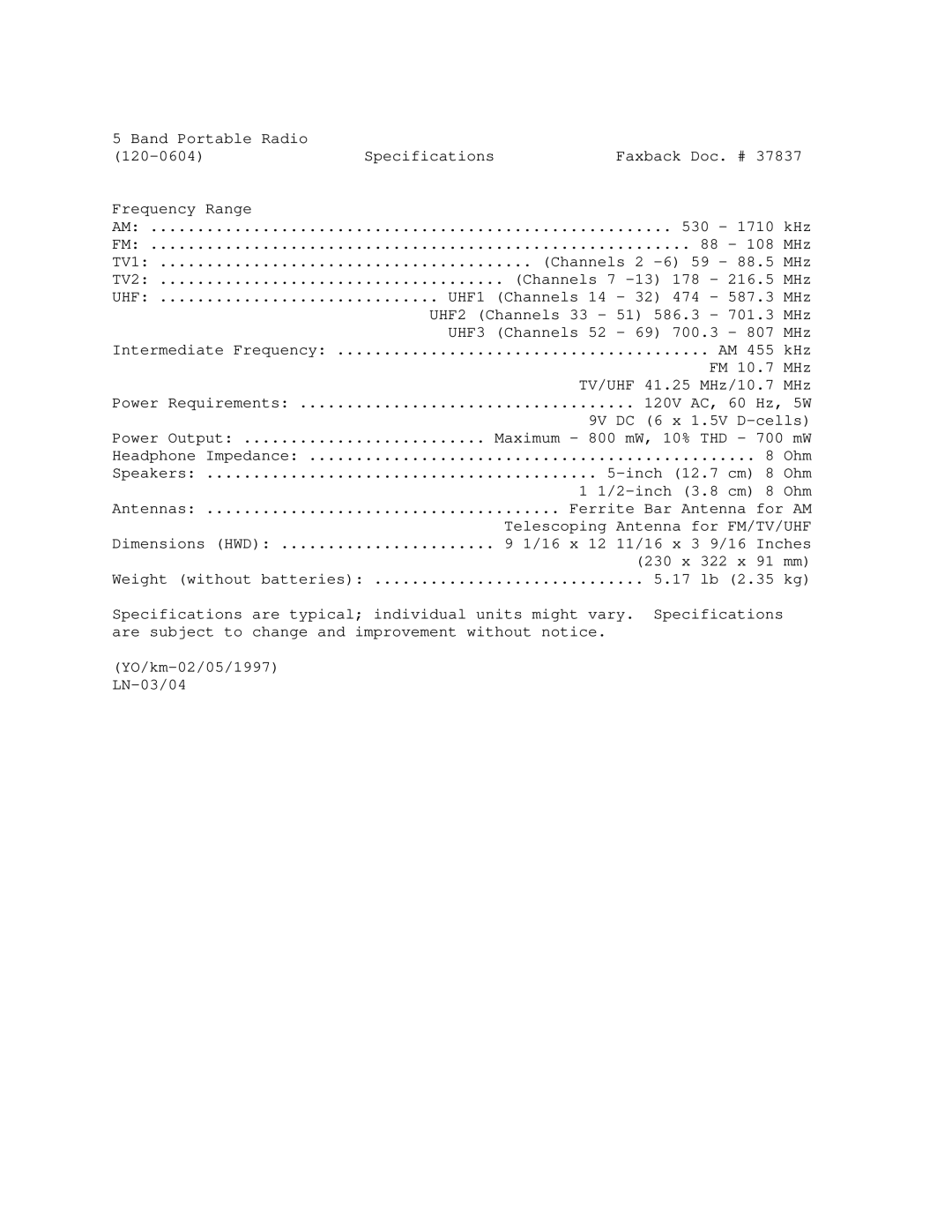 Optimus manual Band Portable Radio Specifications Faxback Doc. # 120-0604 