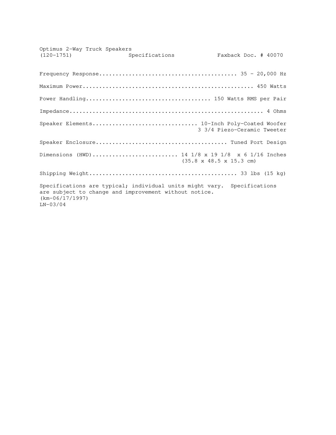 Optimus 120-1751 manual 35 20,000 Hz 