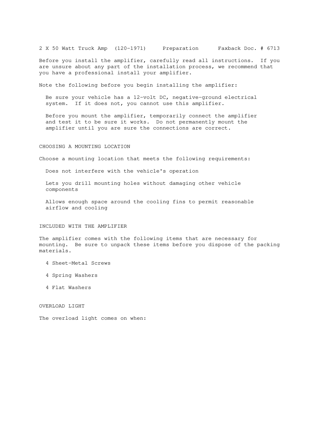 Optimus 120-1971 manual Choosing a Mounting Location, Included with the Amplifier, Overload Light 