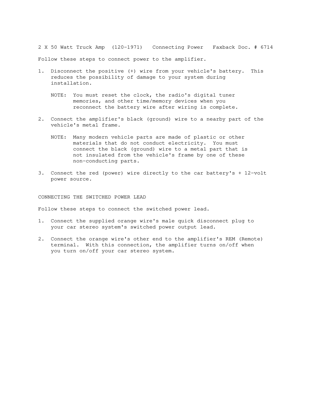 Optimus 120-1971 manual Connecting the Switched Power Lead 