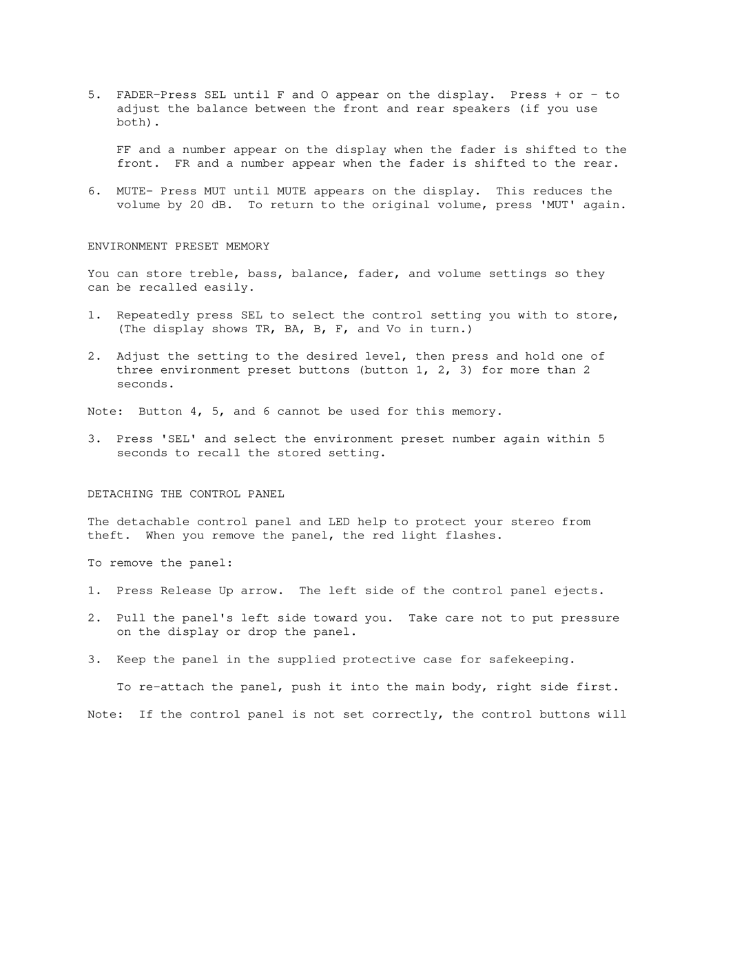 Optimus 120-1995 manual Environment Preset Memory, Detaching the Control Panel 