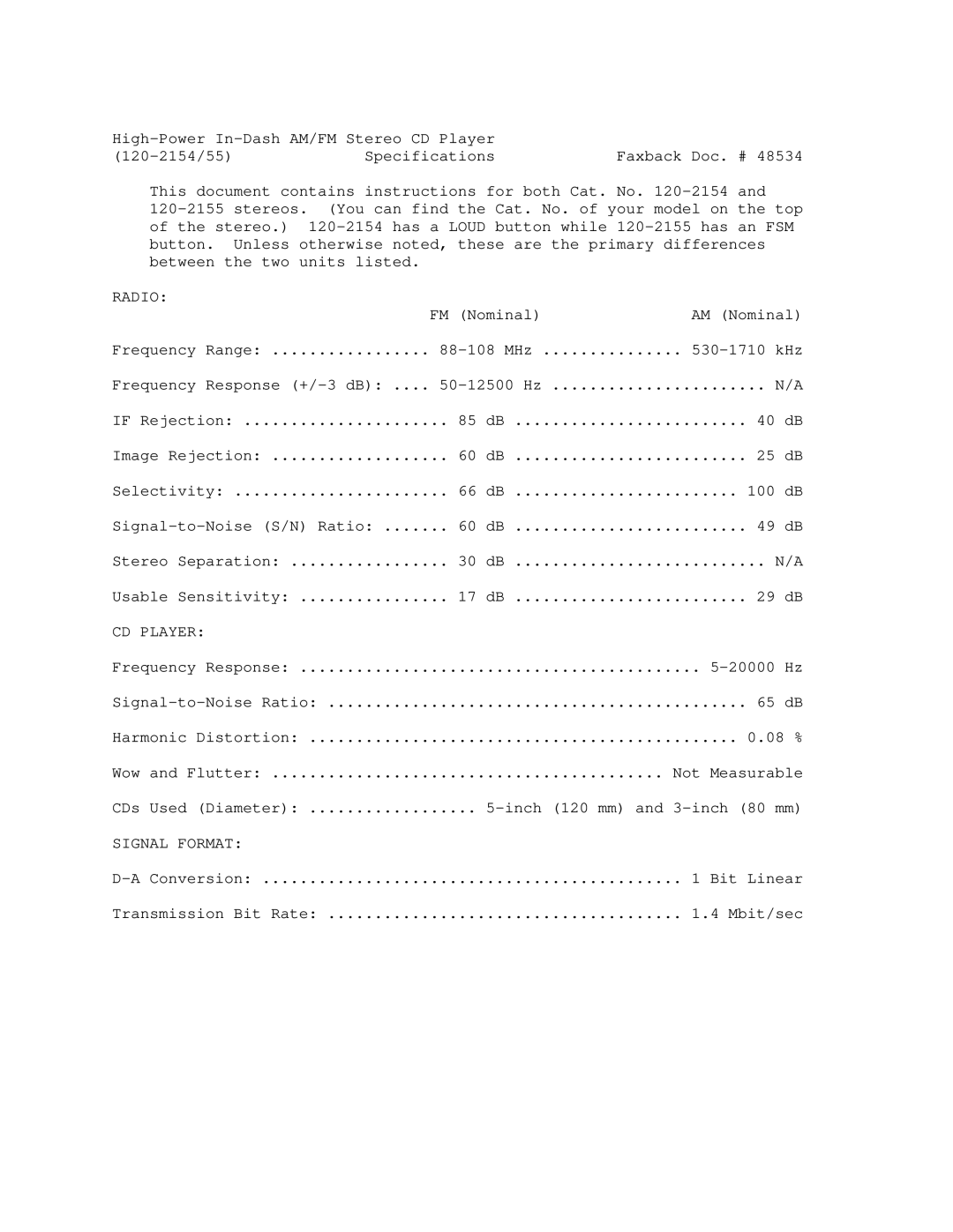 Optimus 120-2154, 120-2155 manual Radio, Signal Format 