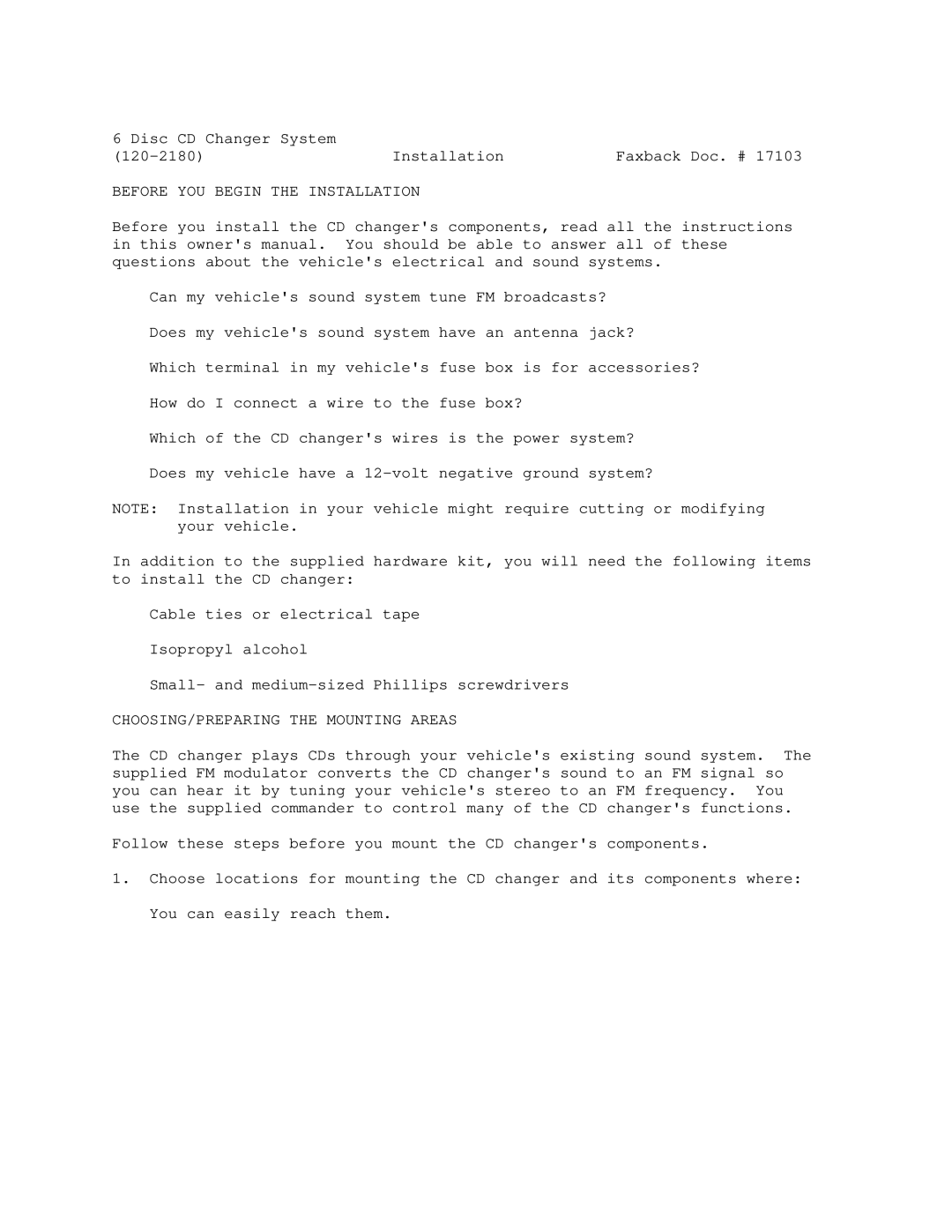 Optimus 120-2180 manual Before YOU Begin the Installation, CHOOSING/PREPARING the Mounting Areas 