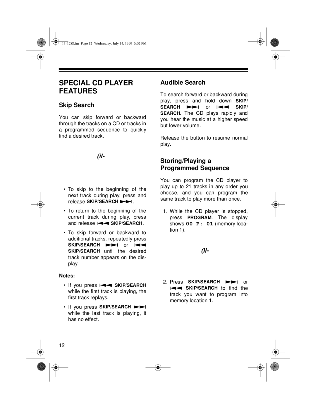 Optimus 13-1288 owner manual Special CD Player Features, Skip Search, Audible Search, Storing/Playing a Programmed Sequence 