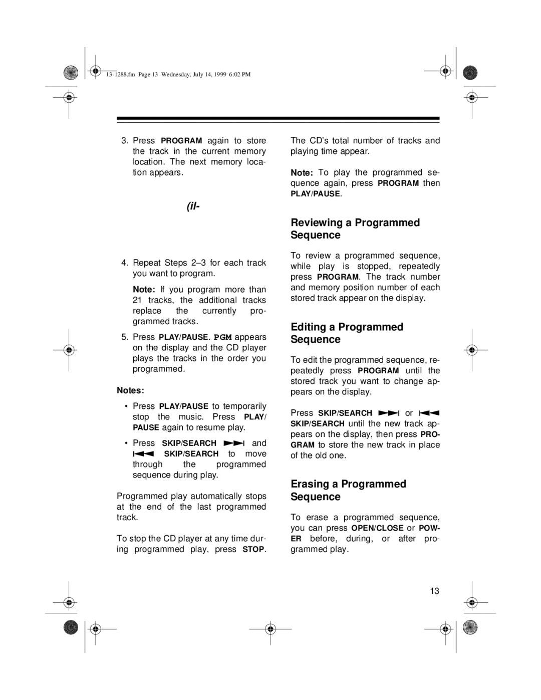 Optimus 13-1288 owner manual Reviewing a Programmed Sequence, Editing a Programmed Sequence, Erasing a Programmed Sequence 