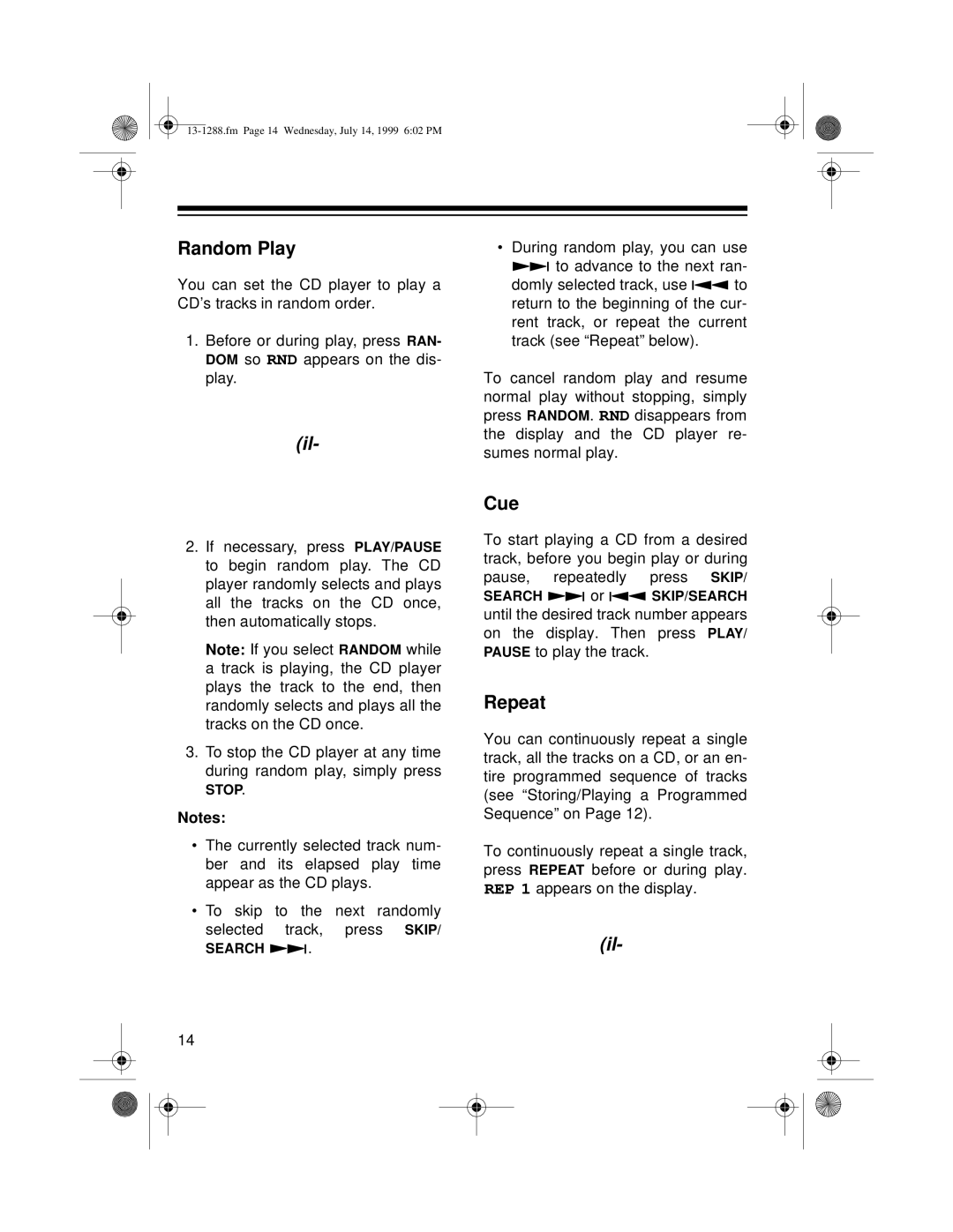 Optimus 13-1288 owner manual Random Play, Cue, Repeat 