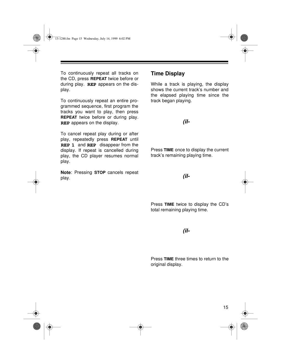 Optimus 13-1288 owner manual Time Display 