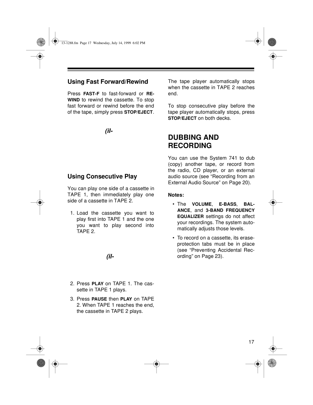 Optimus 13-1288 owner manual Dubbing Recording, Using Fast Forward/Rewind, Using Consecutive Play 