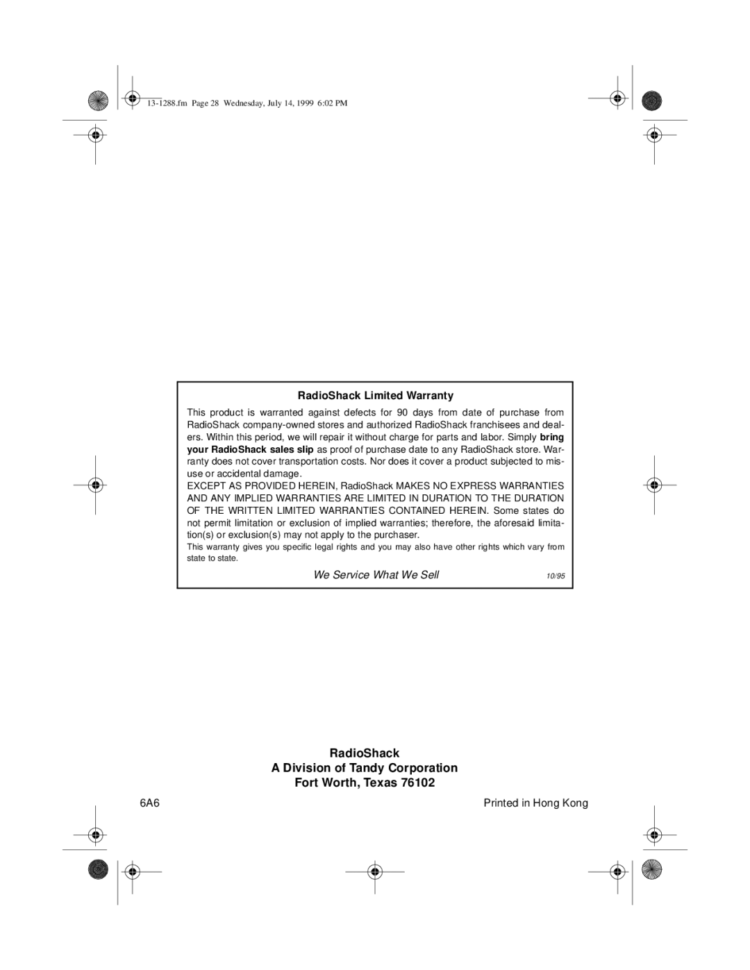 Optimus 13-1288 owner manual RadioShack Division of Tandy Corporation Fort Worth, Texas 