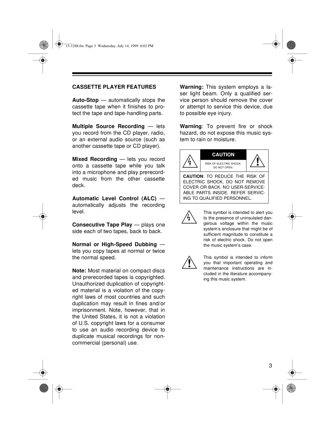 Optimus 13-1288 owner manual Cassette Player Features 