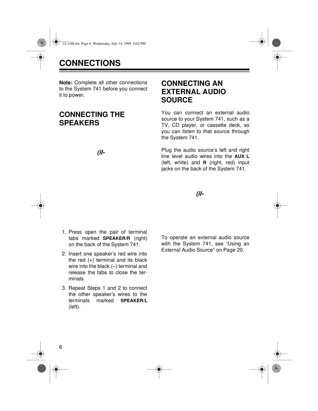 Optimus 13-1288 owner manual Connections, Connecting Speakers Connecting AN External Audio Source 