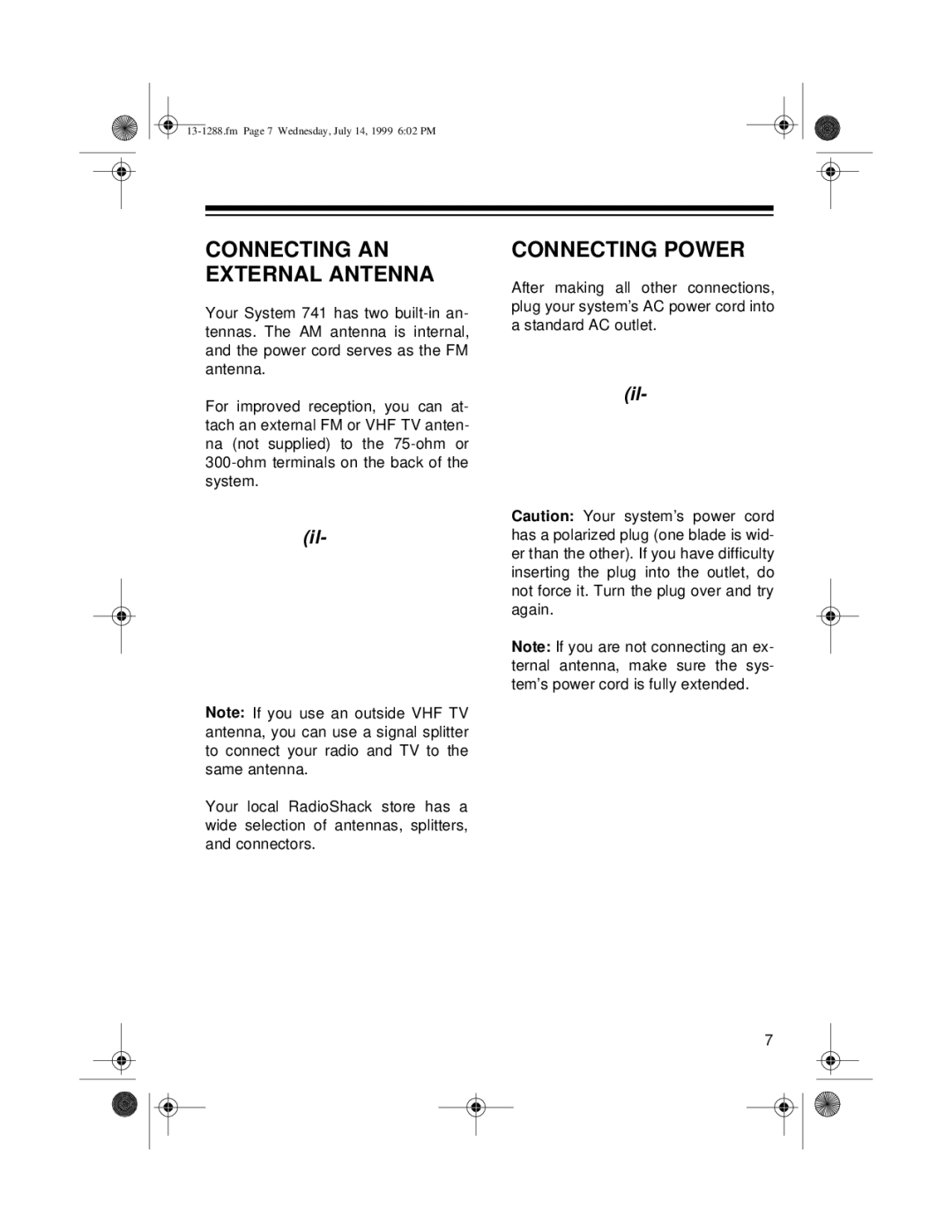 Optimus 13-1288 owner manual Connecting AN External Antenna, Connecting Power 