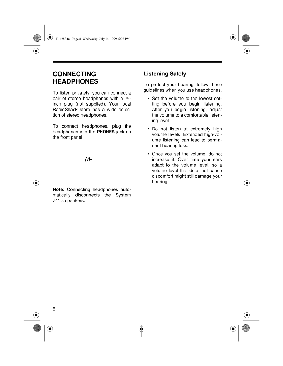 Optimus 13-1288 owner manual Connecting Headphones, Listening Safely 