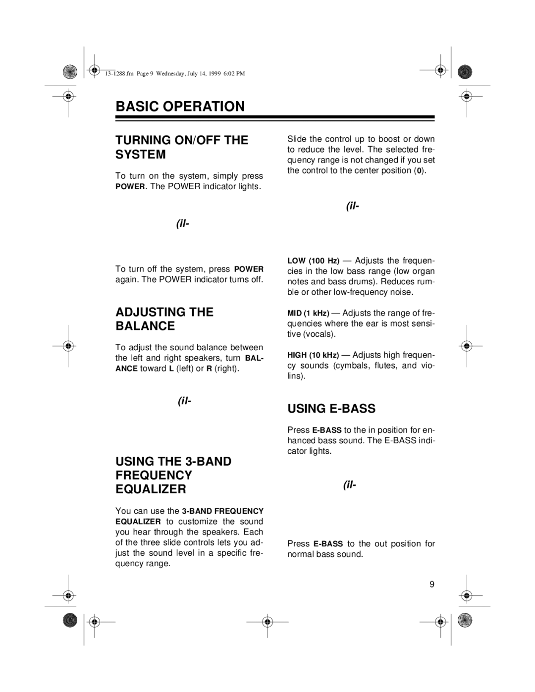 Optimus 13-1288 Basic Operation, Turning ON/OFF the System, Adjusting Balance, Using the 3-BAND Frequency Equalizer 