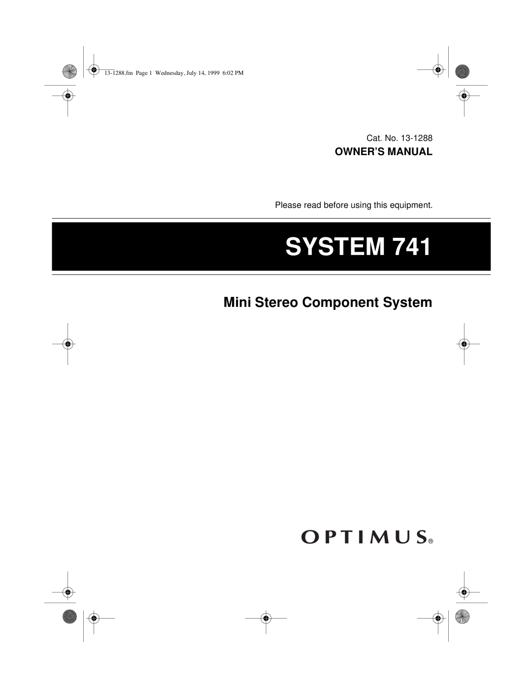 Optimus 13-1288 owner manual Mini Stereo Component System, fmPage 1 Wednesday, July 14, 1999 6 02 PM 