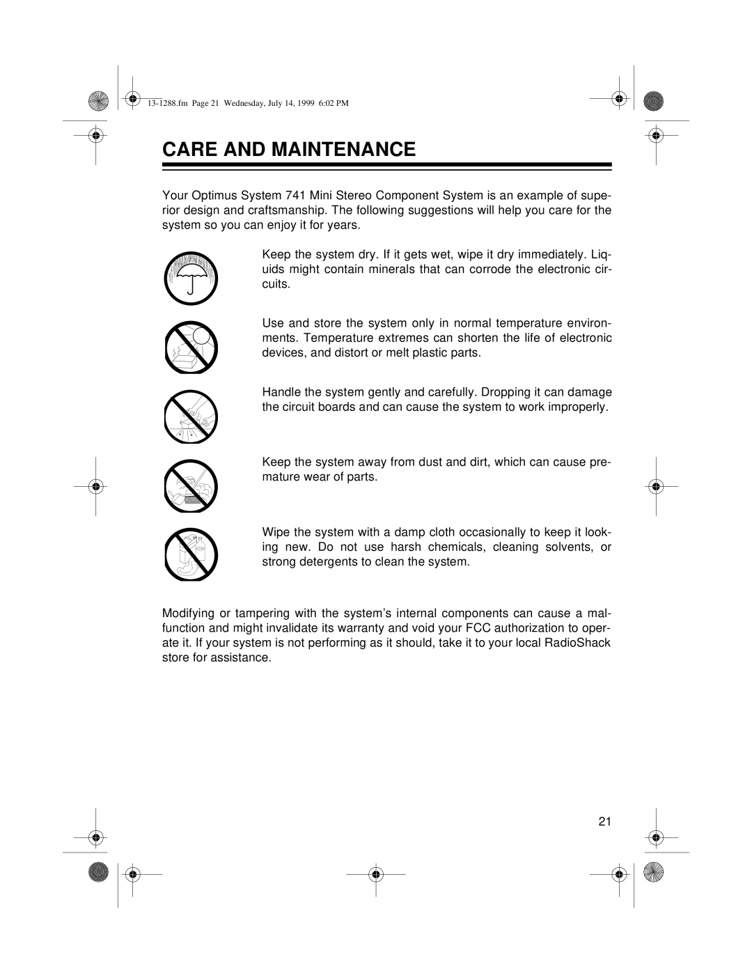 Optimus 13-1288 owner manual Care And Maintenance 