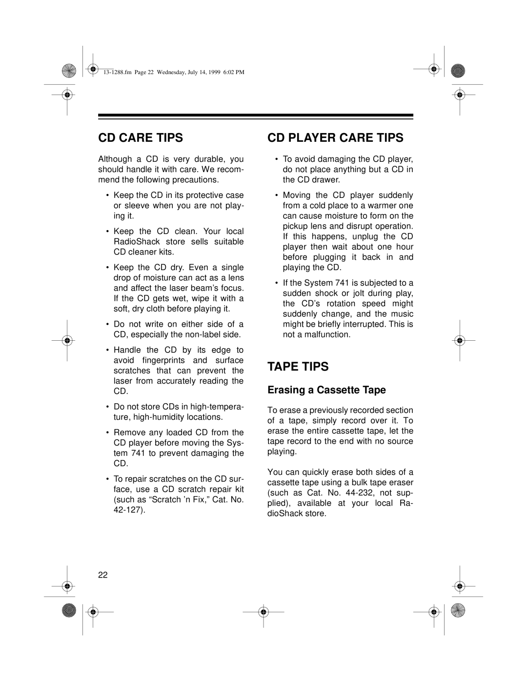 Optimus 13-1288 owner manual Cd Care Tips, Cd Player Care Tips, Tape Tips, Erasing a Cassette Tape 