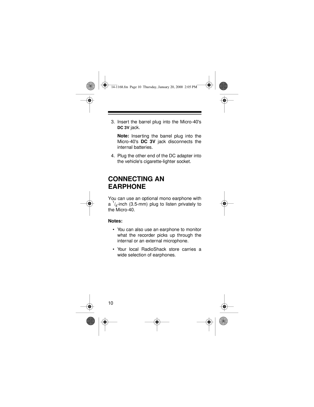 Optimus 14-1168, Micro-40 owner manual Connecting AN Earphone 