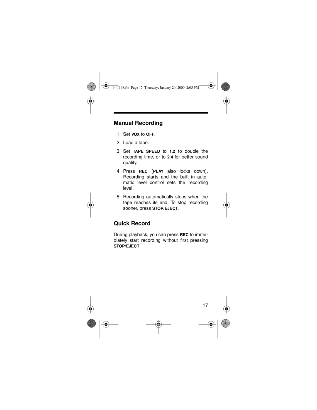 Optimus Micro-40, 14-1168 owner manual Manual Recording, Quick Record 