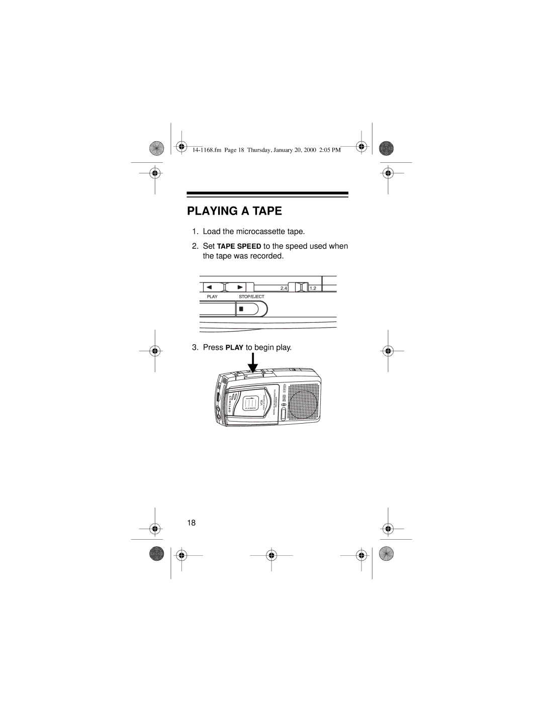 Optimus 14-1168, Micro-40 owner manual Playing a Tape 