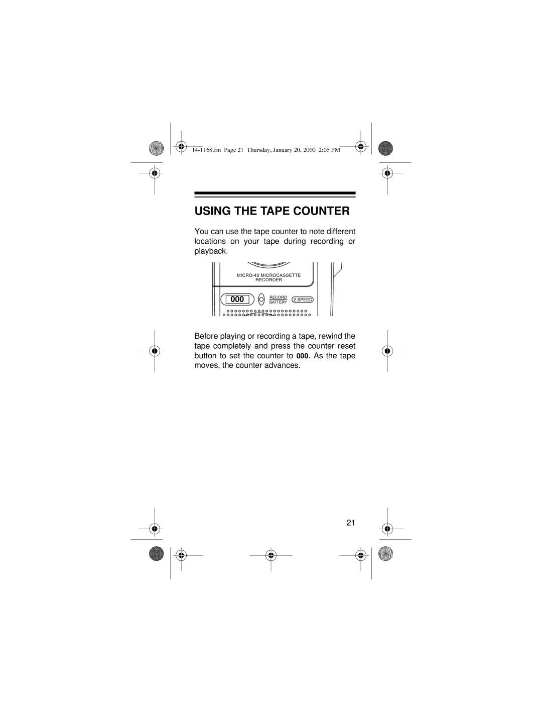 Optimus Micro-40, 14-1168 owner manual Using the Tape Counter, 000 