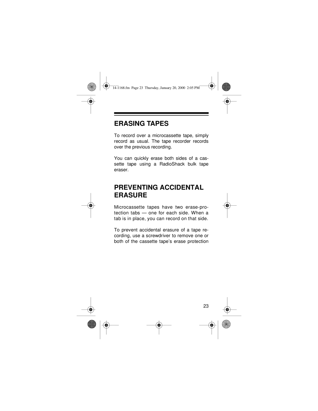 Optimus Micro-40, 14-1168 owner manual Erasing Tapes, Preventing Accidental Erasure 