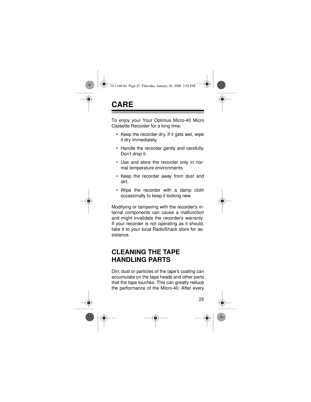 Optimus Micro-40, 14-1168 owner manual Care, Cleaning the Tape Handling Parts 