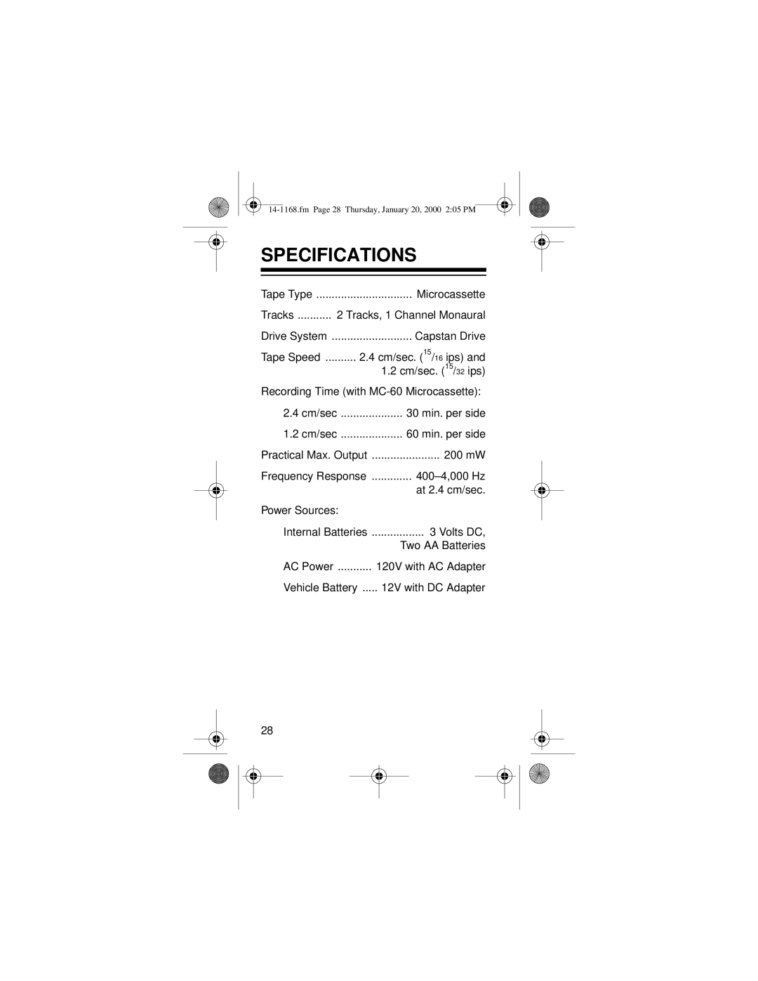 Optimus 14-1168, Micro-40 owner manual Specifications 